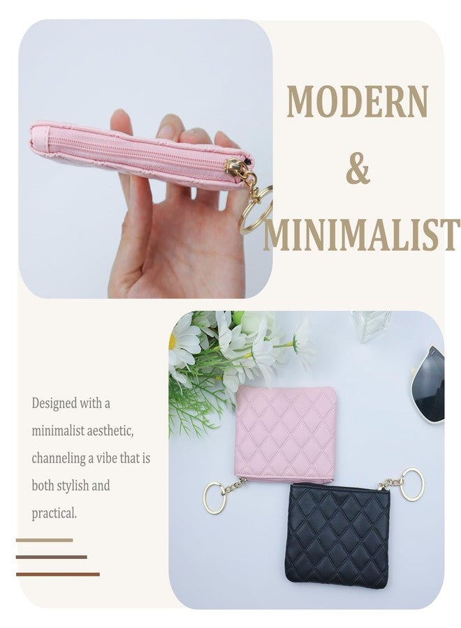 Chanseen 2Pcs Small Coin Purse for Women Mini PU Leather Zipper Change Pouch Wallet Card Holder with Key Chain for Credit Card Money Key Headset Lipstick (Black, Pink) - Image 5